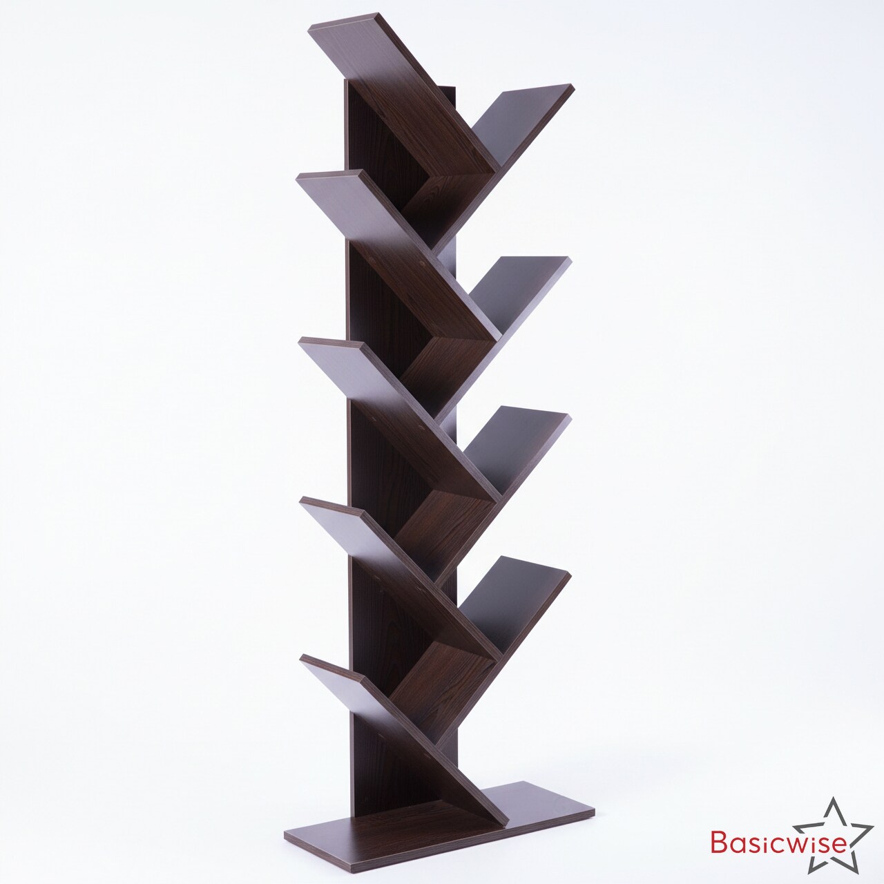 Basicwise Modern 9-Tier Wooden Tree Bookshelf for Home and Office Freestanding Vertical Book Storage Rack Zigzag Design Space-Saving Floor Standing Bookcase for Living Room Bedroom or Study, Brown